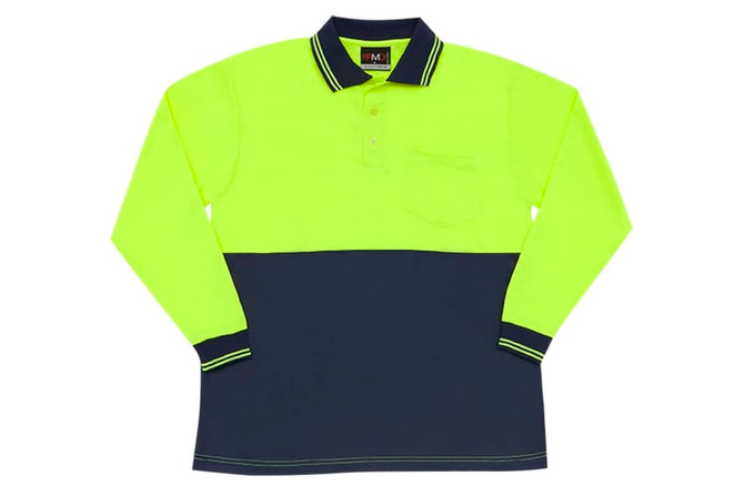 A Hi Vis long sleeve polo shirt in bright yellow and navy blue, featuring a pocket and a logo.