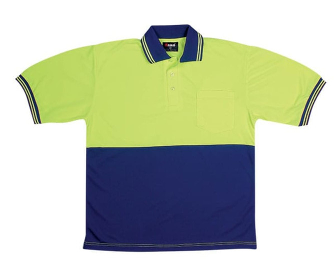A high visibility polo shirt featuring a fluorescent yellow upper section and a navy blue lower section. It has a pocket and a logo.