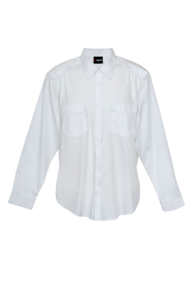 A white long sleeve button-up shirt with two chest pockets and shoulder detailing. Features a logo on the collar.