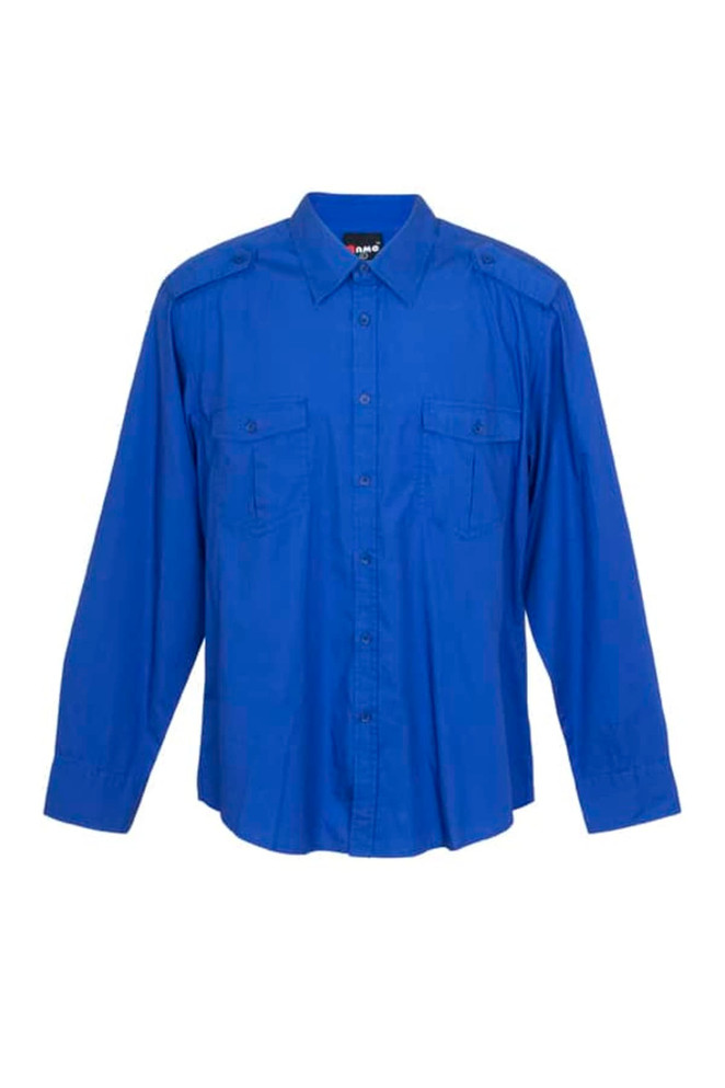 A blue long sleeve military-style button-up shirt with two front pockets and shoulder epaulets.