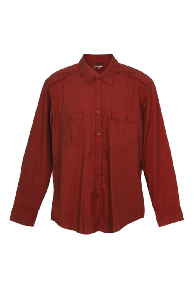 A men's long sleeve shirt in a rich burgundy colour with two front pockets and shoulder epaulets. Includes branding.