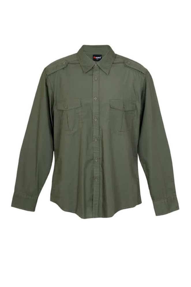 A men's military-style long sleeve shirt in olive green with button-up front and two chest pockets.