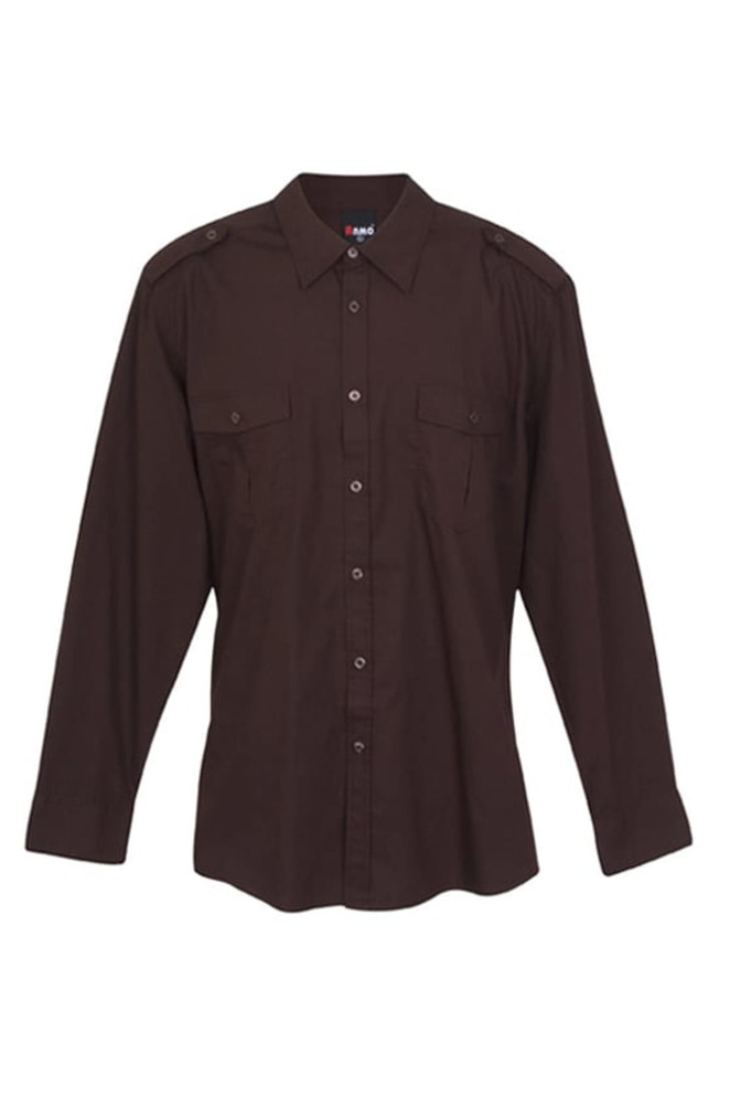 A dark brown men's military long sleeve button-up shirt with shoulder epaulettes and two front pockets.