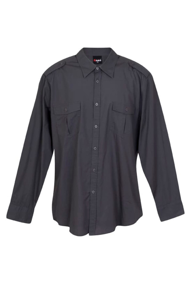 A black men's military long sleeve button-up shirt with two chest pockets and shoulder epaulets.