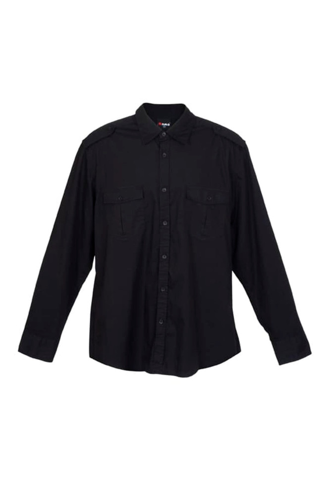 A black men's military long sleeve button-up shirt with two chest pockets and shoulder epaulets.