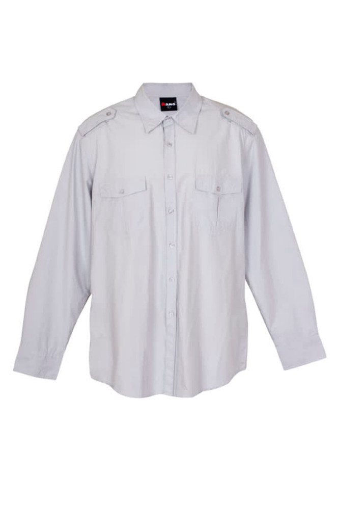 A grey men's military long sleeve shirt with button-up front and shoulder epaulets. Features two chest pockets and a logo.