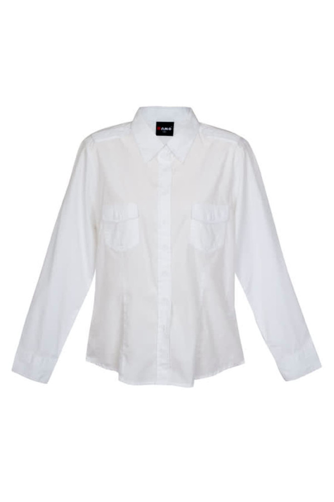 A white women's military long sleeve button-up shirt with two front pockets and a collar. It has a logo tag.