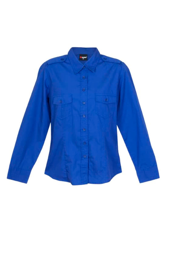A women's long sleeve button-up shirt in a vibrant blue colour, featuring two chest pockets and shoulder epaulettes.