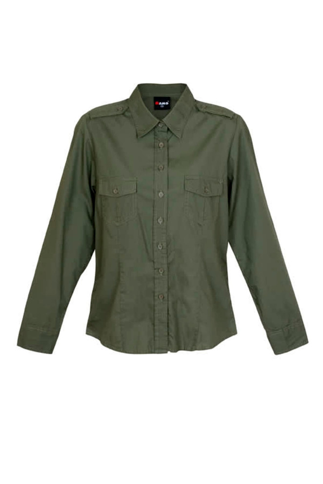 Women’s long sleeve button-up shirt in olive green with epaulets and double chest pockets. Features a small logo.