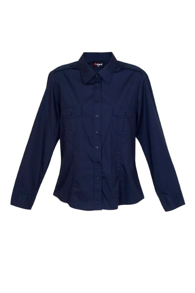 A navy long sleeve button-up shirt featuring two chest pockets and a logo on the collar.