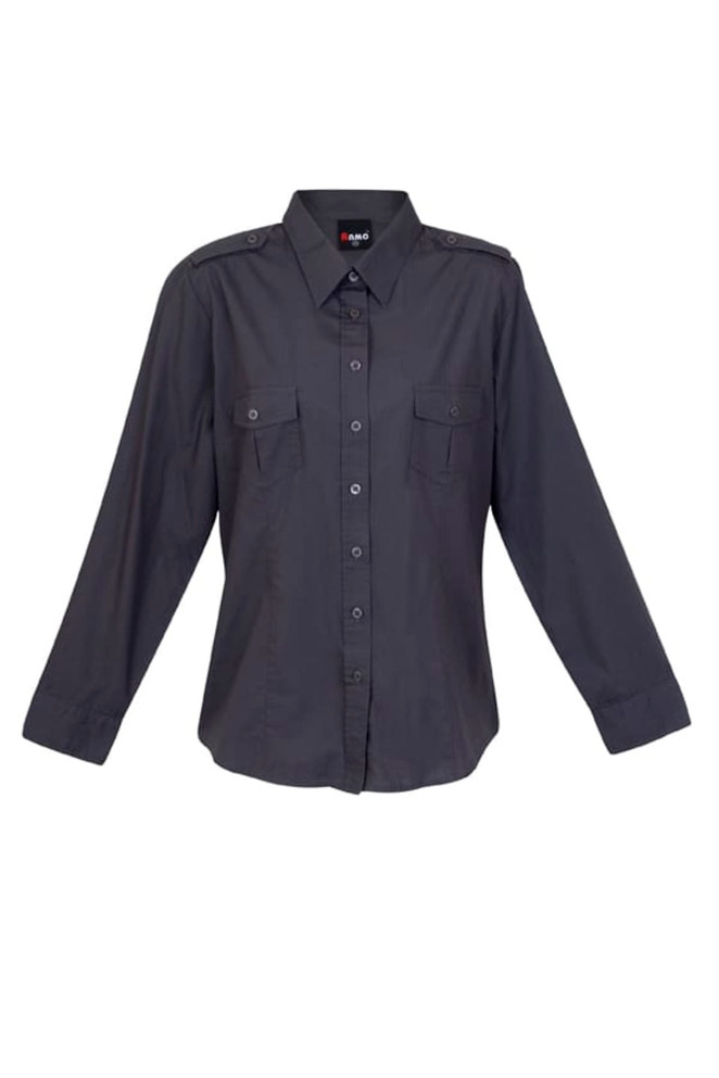 A women's military long sleeve shirt in black, featuring button-up front and two chest pockets. It has shoulder epaulets and a logo.