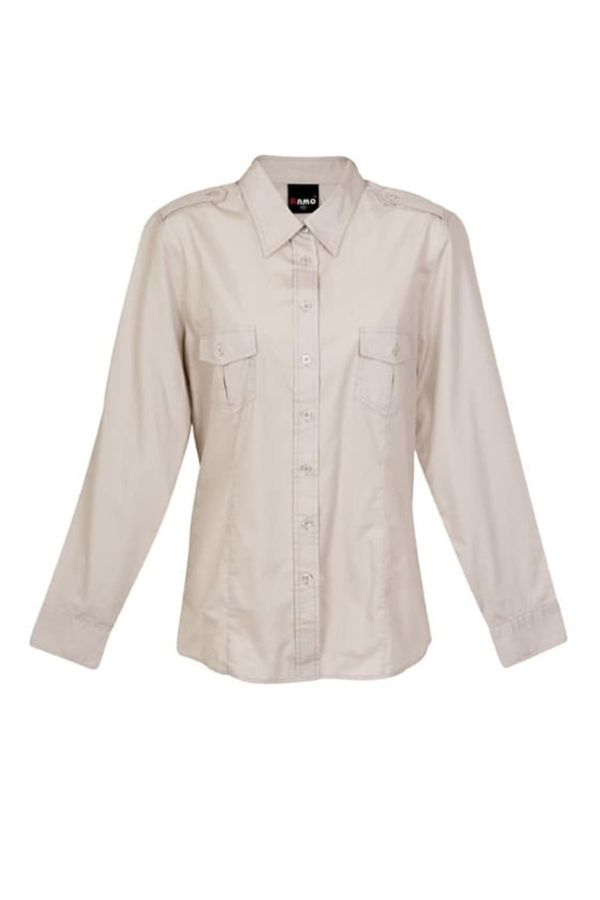 A women's long sleeve military style button-up shirt in beige with two front pockets and a logo.