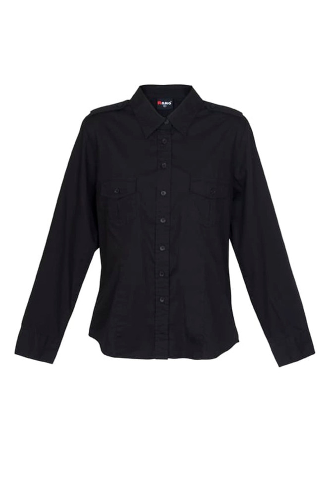 A black long sleeve button-up shirt featuring two chest pockets and a logo on the collar.