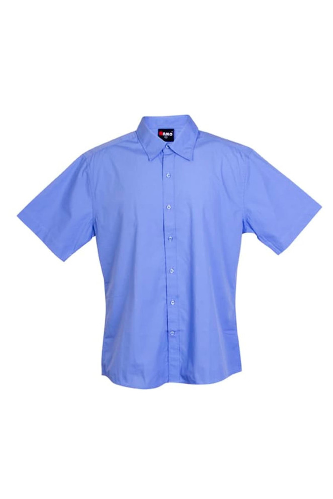 A light blue short sleeve button-up shirt with a collar and a logo on the label.