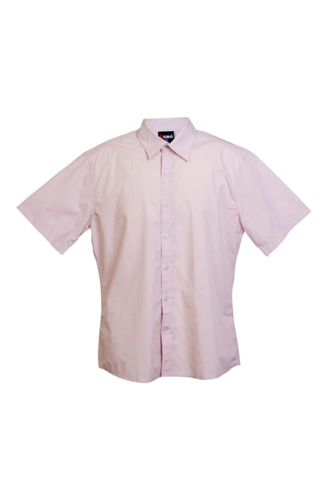 A light pink short sleeve button-up shirt with a collar and a logo on the label.