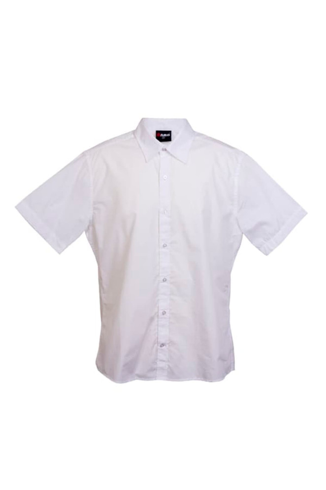 A white short sleeve button-up shirt with a collar and a logo on the label.