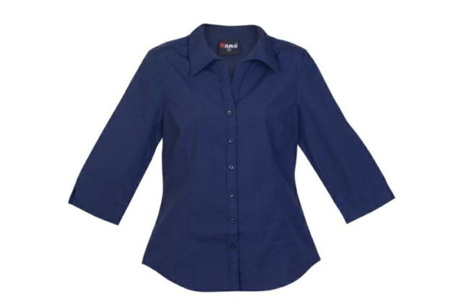 A navy blue women's 3/4 sleeve button-up shirt with a collar and a logo on the label.