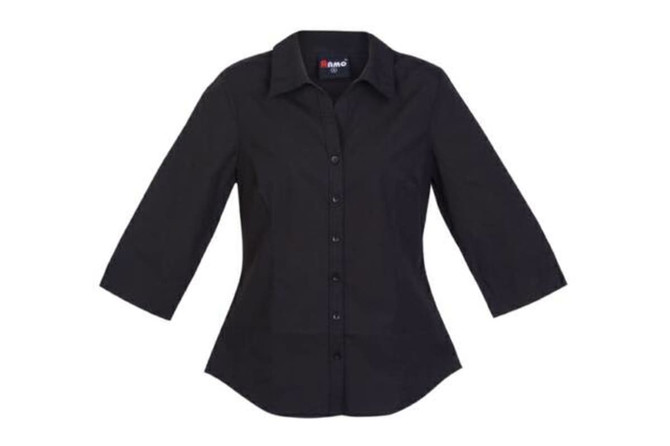 A black women's 3/4 sleeve button-up shirt featuring a collar and a logo on the upper left.