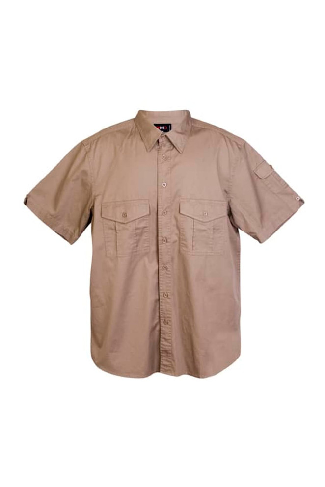 A khaki short sleeve shirt with button-up front and two chest pockets, featuring a logo on the sleeve.
