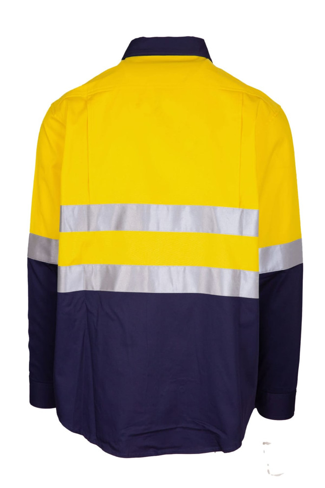 A long sleeve work shirt in yellow and navy, featuring reflective stripes and a logo on the chest area.