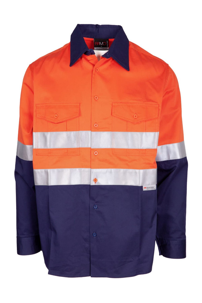 A long sleeve work shirt in orange and navy blue, featuring reflective stripes and a logo on the front.