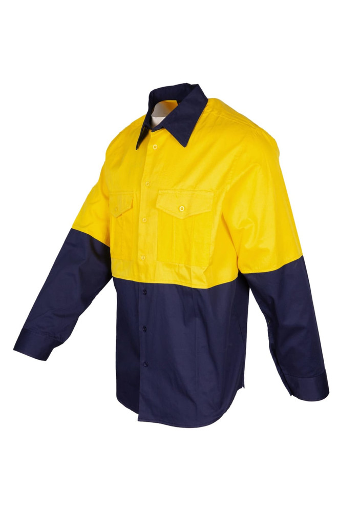 A long sleeve shirt featuring a yellow top and navy bottom section, with two front pockets and a logo.
