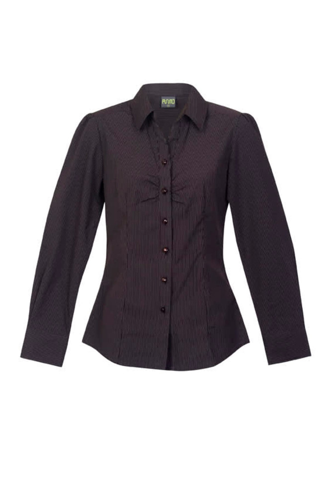 A women's button-up shirt featuring a dark striped pattern, with long sleeves and a fitted design.