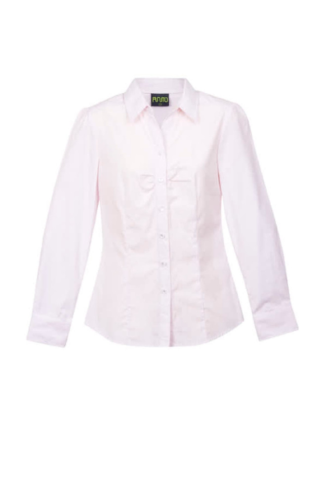 A women's button-up shirt in white with long sleeves and a fitted design. It features a logo on the collar.