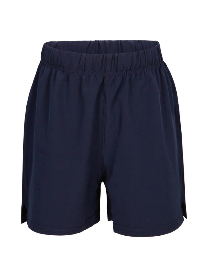 Navy kids' FLEX shorts featuring a comfortable elastic waistband and a four-way stretch design.