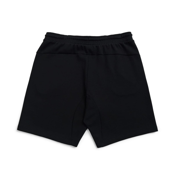 Black men's cotton sandwich shorts with an elastic waistband, featuring a branding logo.