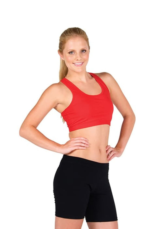 A model wearing a red crop top and black womens shorts, featuring a fitted design.