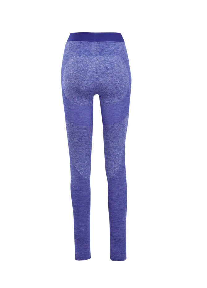 A pair of seamless leggings in a vibrant blue shade, featuring a smooth back design and a waistband.