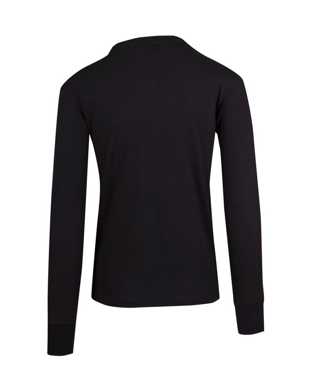 A black long-sleeve T-shirt displayed from the back, featuring a simple design and cuffed sleeves.
