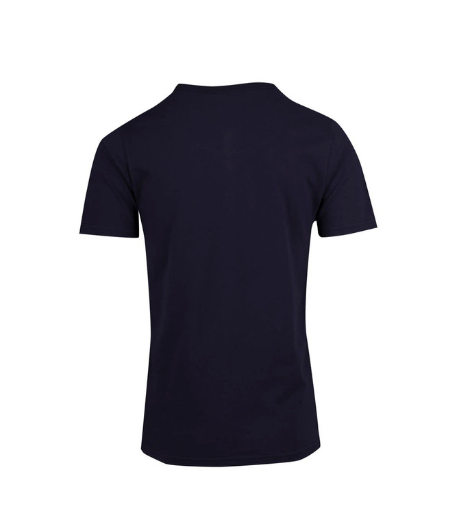 A navy blue men's t-shirt with short sleeves and a crew neck, featuring a logo on the back.