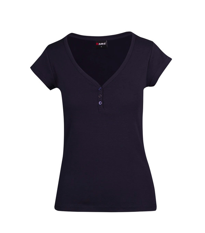 A women's navy Hanley T-shirt featuring a V-neck and short sleeves, with buttons on the front.
