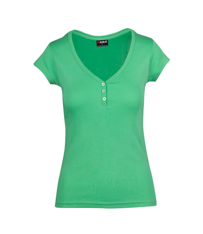 A green women's t-shirt featuring short sleeves and a v-neck with button detailing. It includes a brand logo.