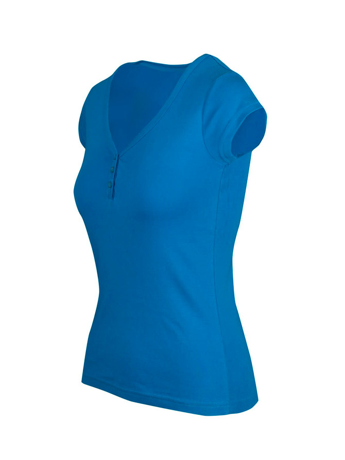 A blue women's t-shirt with a V-neckline and short sleeves, featuring a button detail at the front.