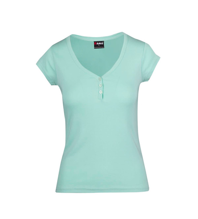 A mint green women's Hanley T-shirt with short sleeves and a V-neckline, featuring button details and a logo.