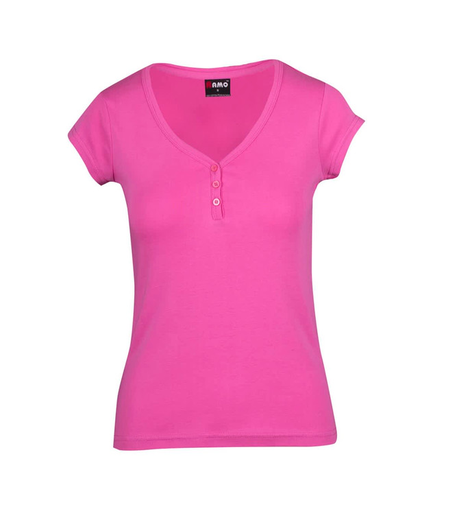 A women's T-shirt in vibrant pink with a V-neck and short sleeves, featuring button details and a logo.