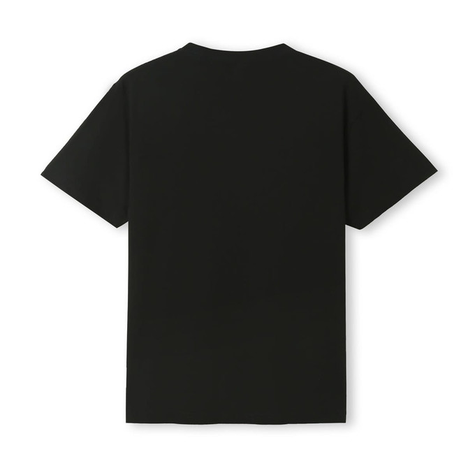 A black unisex T-shirt with short sleeves and a plain design, featuring a logo on the back.