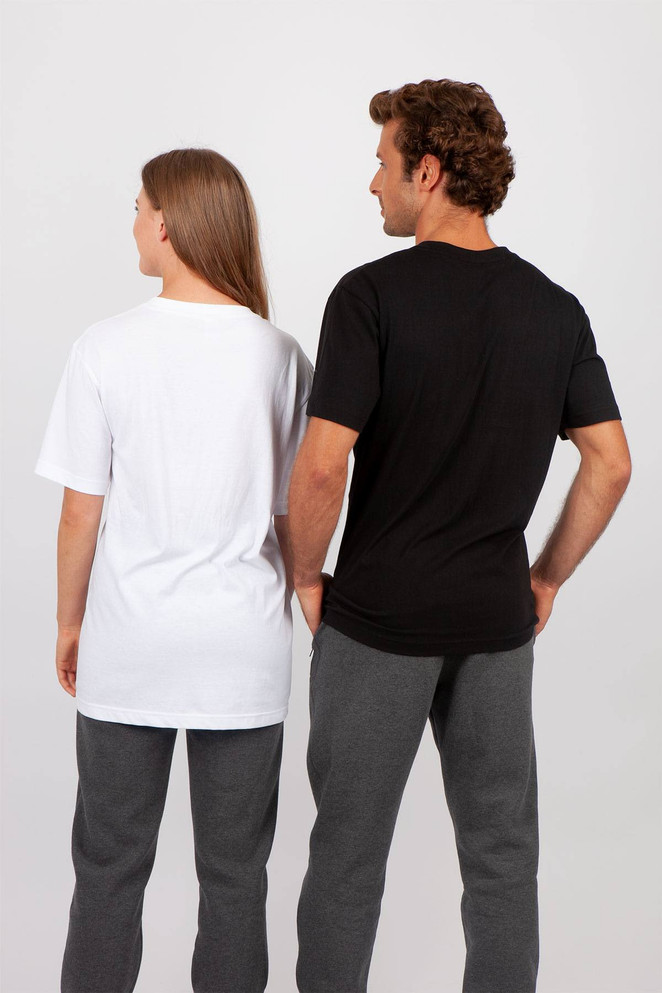 A unisex t-shirt in black and white, featuring a logo, displayed by two models from the back.