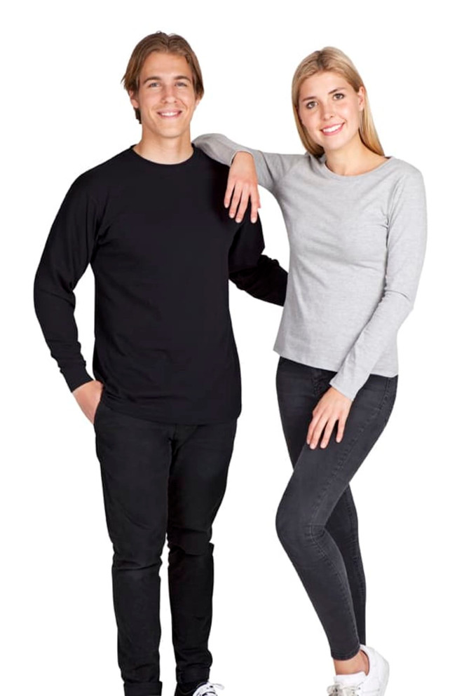 A black long sleeve T-shirt on a male model and a grey long sleeve T-shirt on a female model, both smiling.