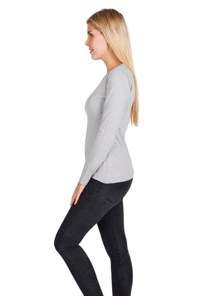 A grey women's long sleeve t-shirt viewed from the side, featuring a fitted design. It has a visible logo.
