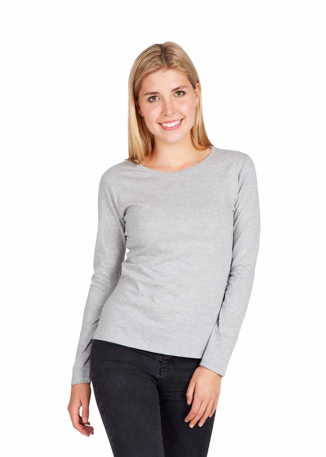 A light grey women's long sleeve T-shirt featuring a fitted design and round neckline, with a logo on it.