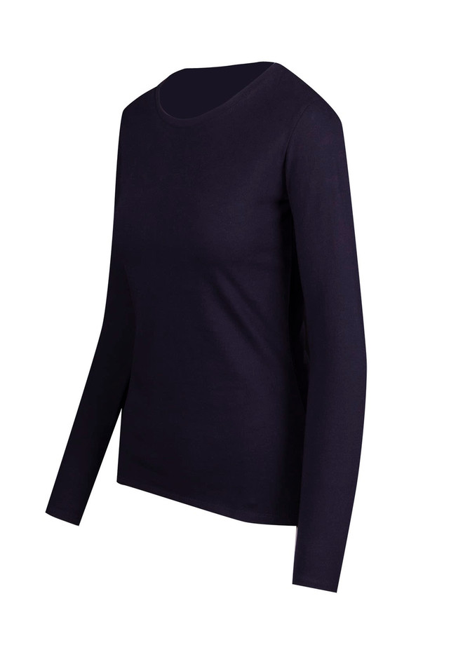 A women's long sleeve T-shirt in navy blue, featuring a classic crew neckline and fitted sleeves.