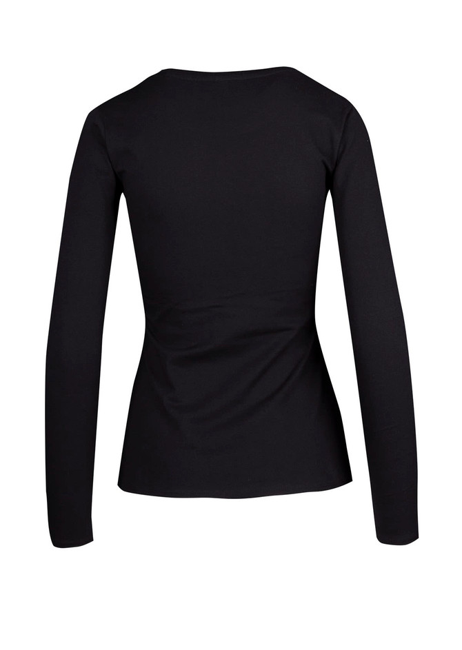 A black women's long sleeve T-shirt featuring a fitted design and a round neckline, with a logo on the back.