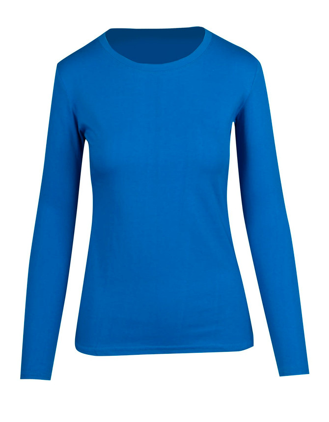 A women's long sleeve T-shirt in a vibrant blue colour, featuring a round neckline and a fitted style.