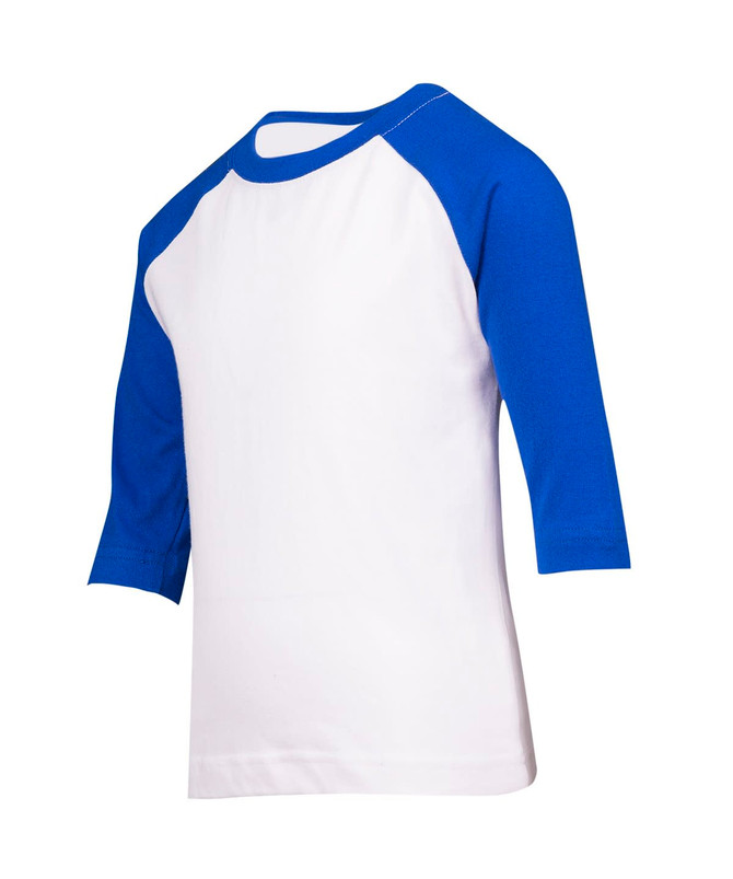 A kids' 3/4 raglan sleeve t-shirt with white body and blue sleeves, featuring a logo on the back.