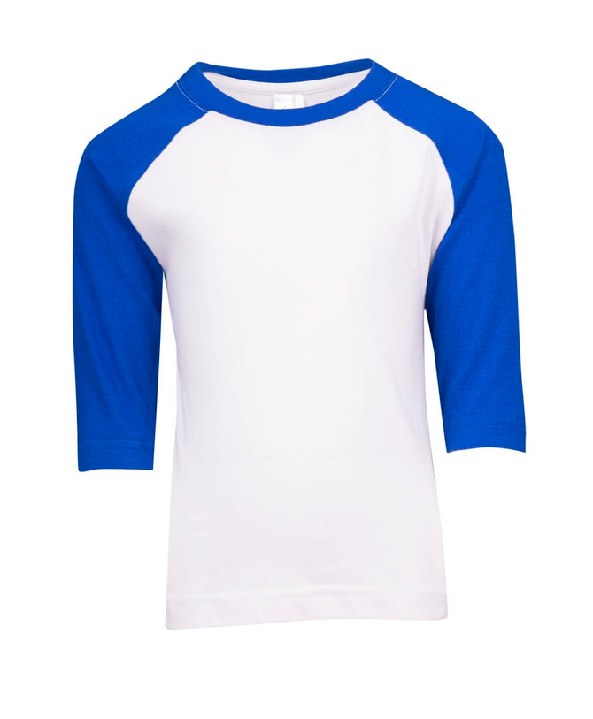A white and blue kids' 3/4 raglan sleeve T-shirt with a logo on the front.