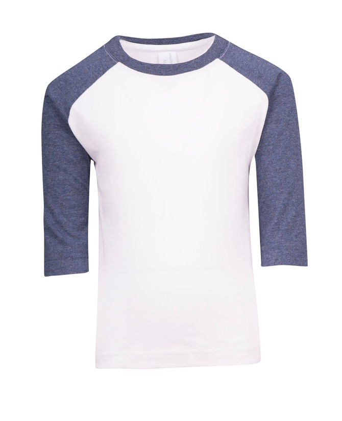 A white t-shirt with navy blue raglan sleeves and a logo on the front.
